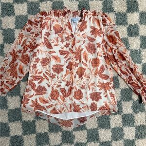ANTONIO MELANI Amoura Blouse Brick Orange Floral Sheer Long Sleeve Smocked Md